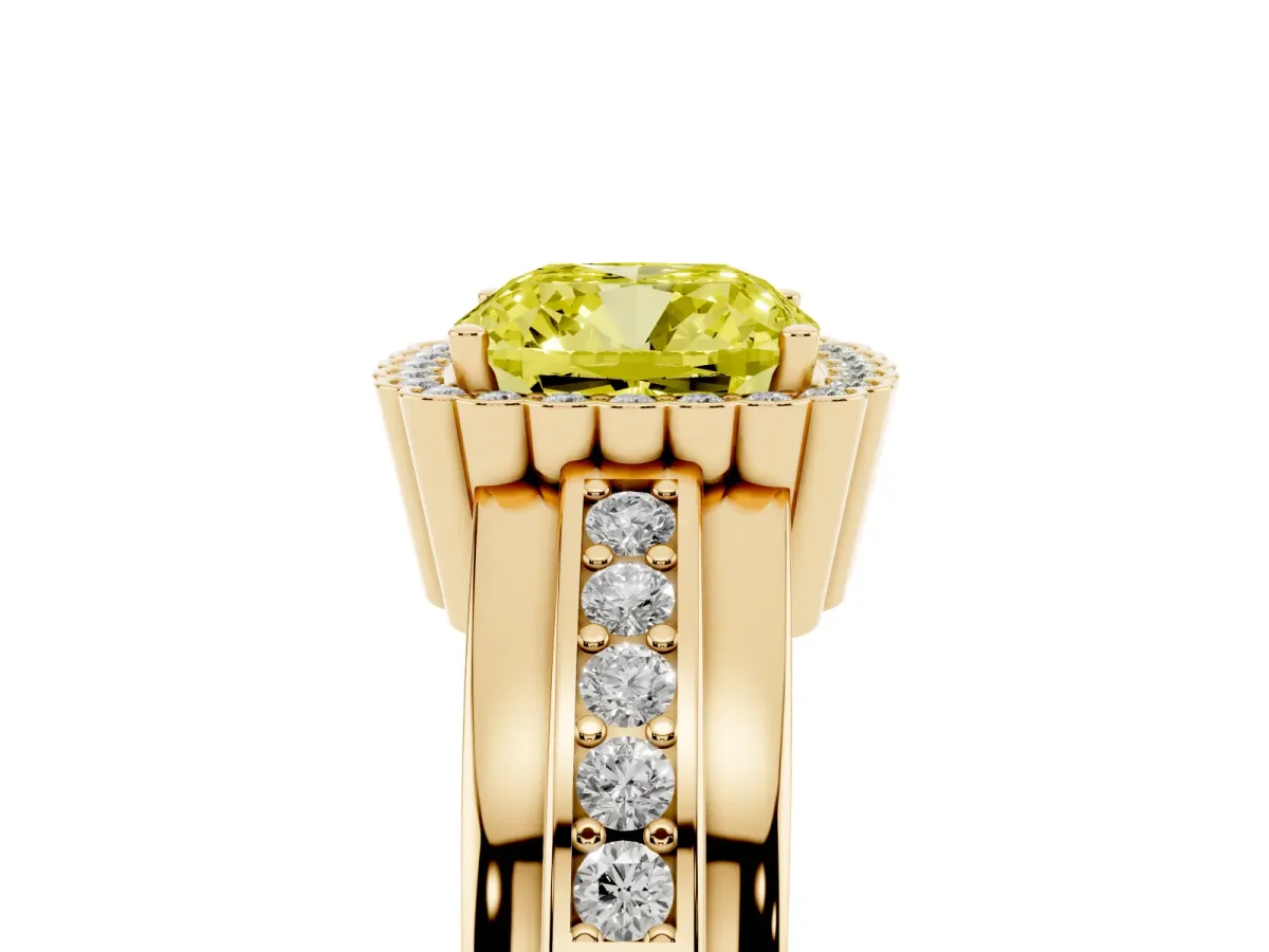Fancy Yellow Cushion Cut Cut Halo Pave Band Four-Prong Ring Yellow gold