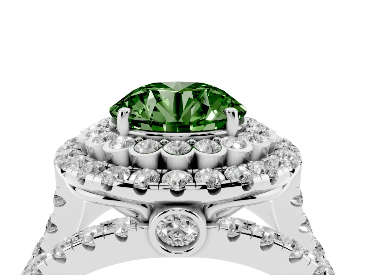 Fancy Green Round Cut Diamond Double Halo Ring with Round Pavé Split Shank and Prong Setting Silver