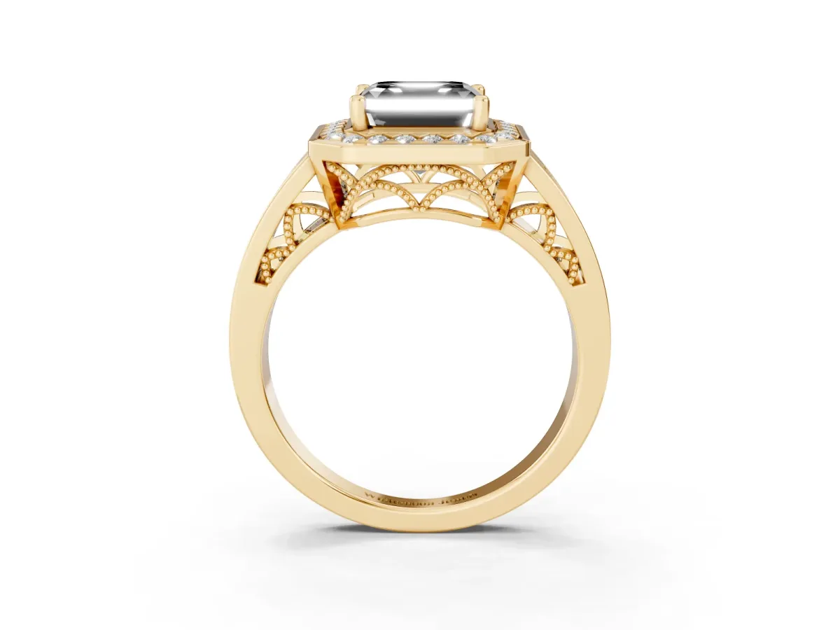 Fancy Black Asscher Cut Diamond Halo Ring with Split Shank and Bezel Accents and Prong Setting Yellow gold