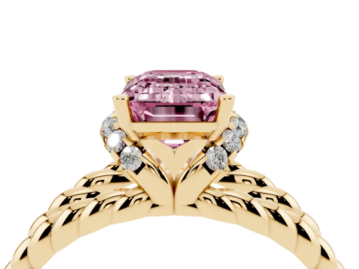 Fancy Pink Emerald Cut Halo Twisted Band Four-Prong Ring Yellow gold