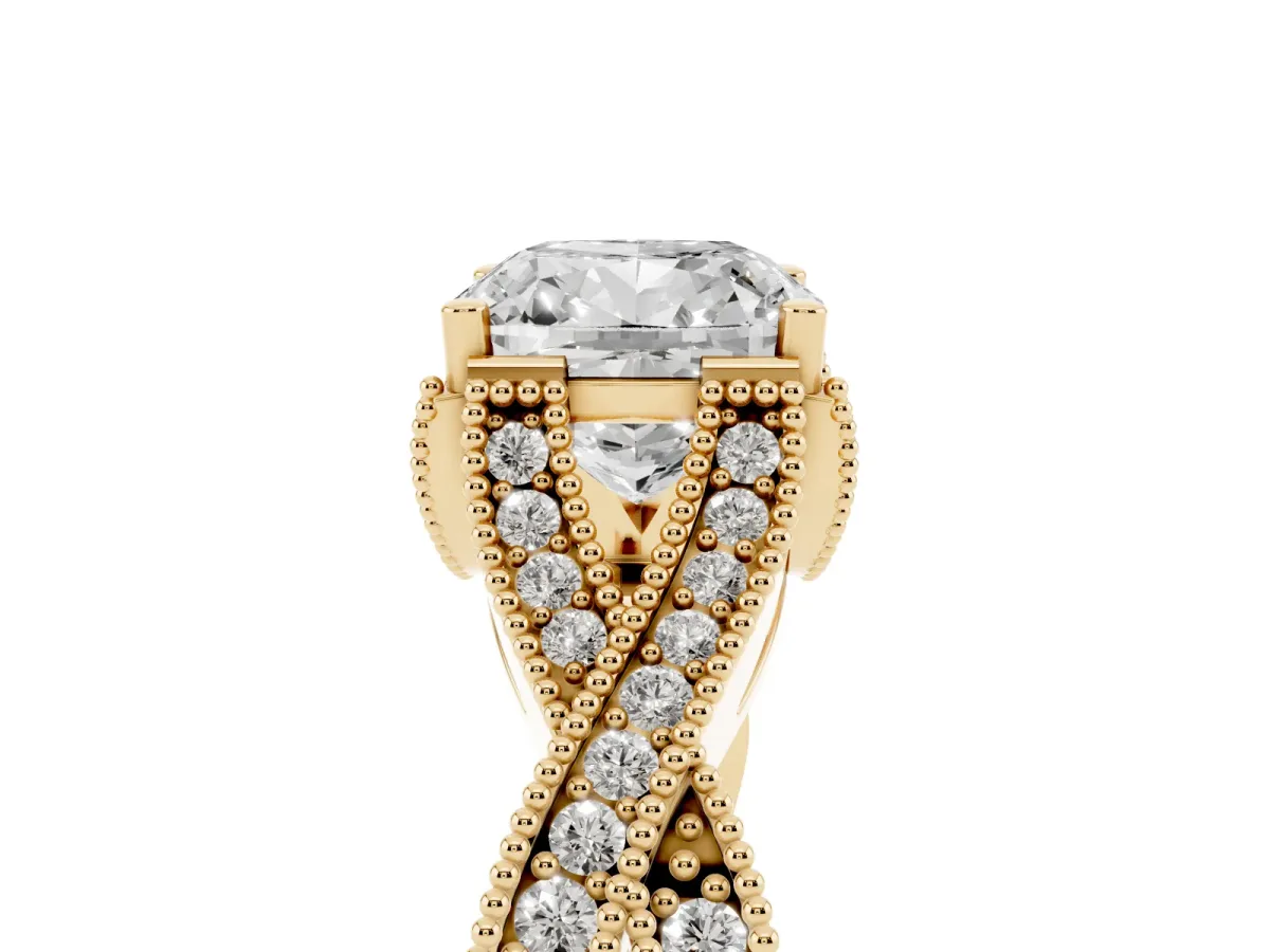 Cushion Cut Cut Diamond Twisted Band with Milgrain Pave Setting and Four-Prong Setting Yellow gold