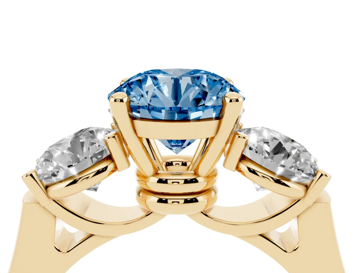 Fancy Blue Three-Stone Round Cut Brilliant Diamond Trellis Ring with Comfort Fit Band Yellow gold