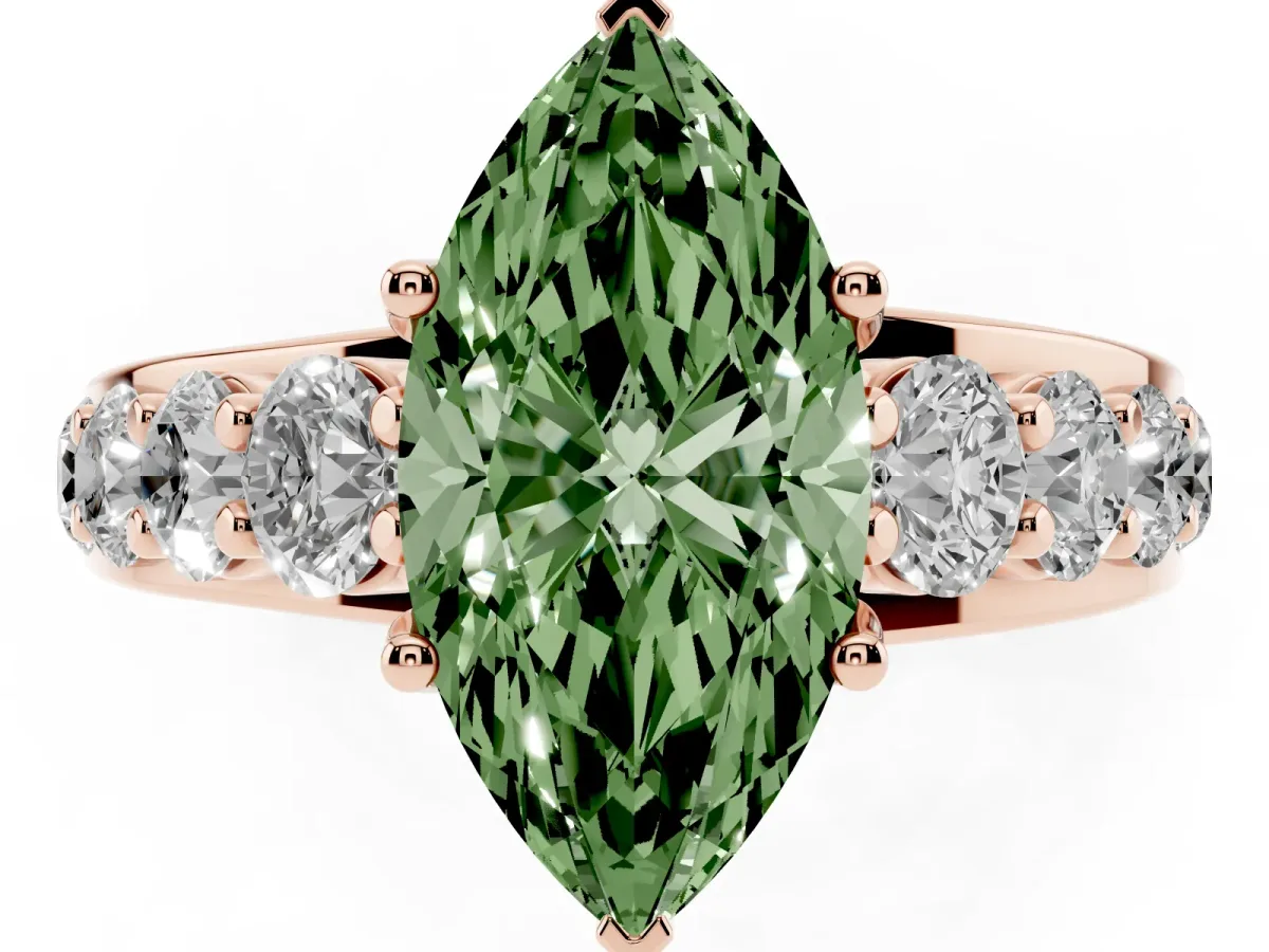 Fancy Green Marquise Cut Diamond Engagement Ring with Pavé Band and Four-Prong Setting Rose gold