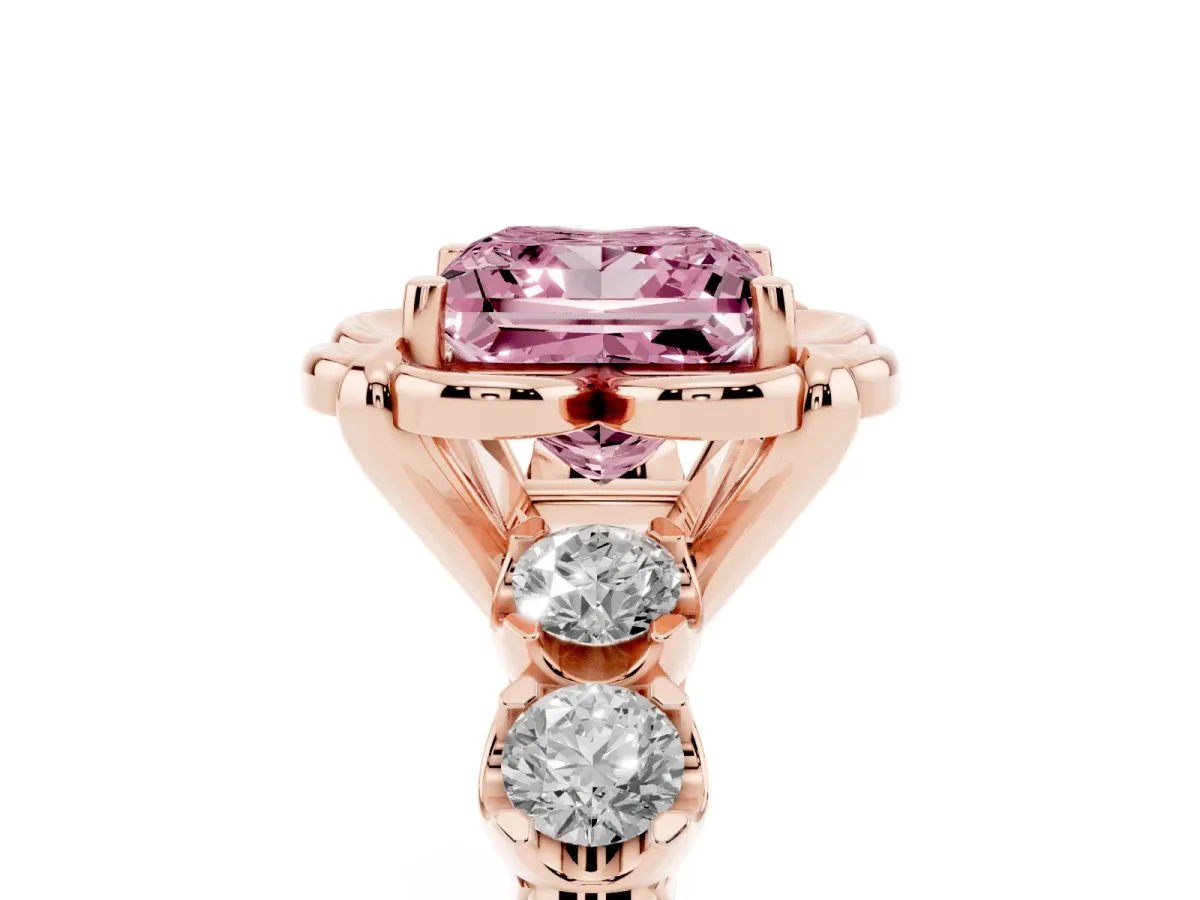 Fancy Pink Princess Cut Cut Diamond Floral Halo Engagement Ring with Shared Prong Setting Rose gold