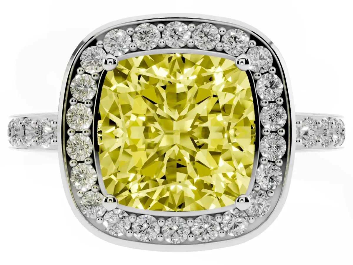 Fancy Yellow Cushion Cut Diamond Halo Ring with Bezel Frame and Pavé Band Silver