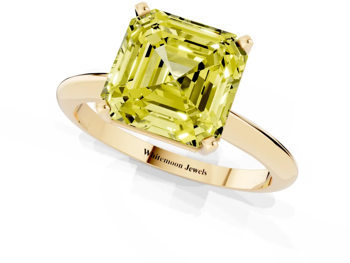 Fancy Yellow Asscher Cut Cut Solitaire Ring with Four-Prong Setting on a Classic Band Yellow gold