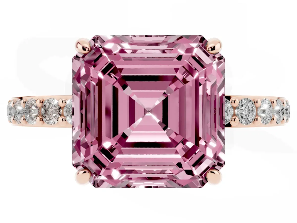 Fancy Pink Asscher Cut Diamond Pavé Engagement Ring with Round Accents and Prong Setting Rose gold