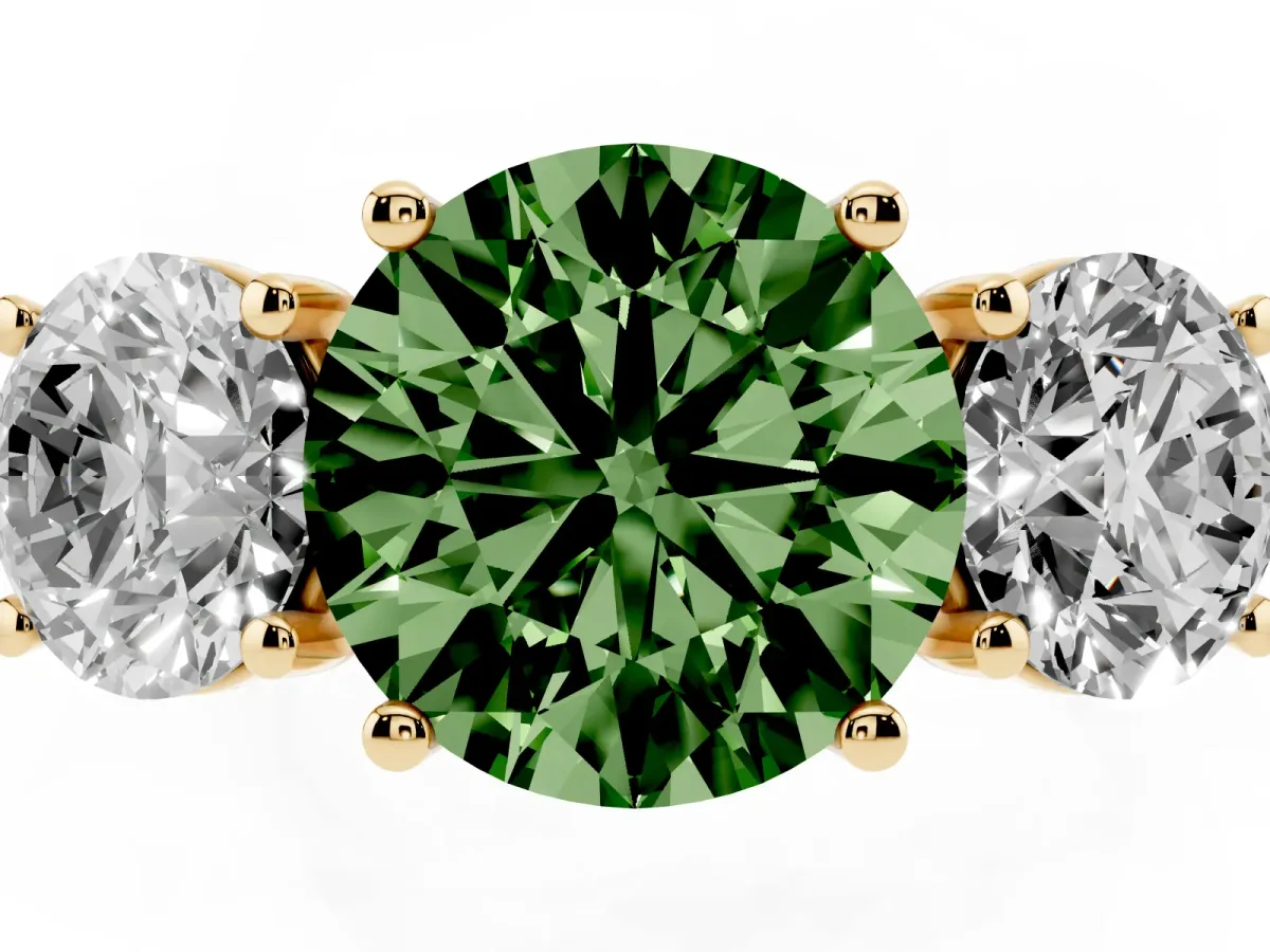 Fancy Green Three-Stone Round Cut Diamond Ring with Round Pavé Band and Prong Setting Yellow gold