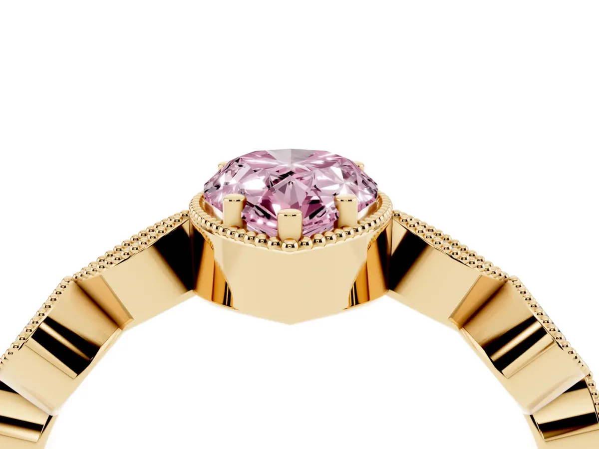 Fancy Pink Pear Cut Diamond Vintage Milgrain Ring with Round Stations Yellow gold