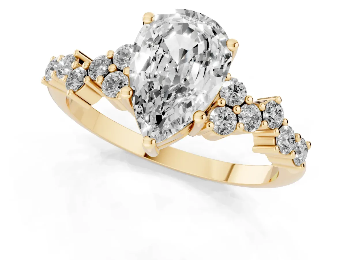 Pear Cut Diamond Scattered Round Accent Ring with Prong Setting Yellow gold