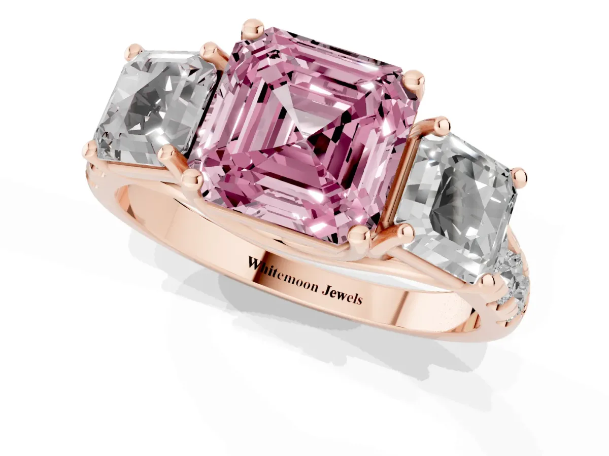 Fancy Pink Three-Stone Asscher Cut Diamond Pavé Band with Prong Setting Rose gold