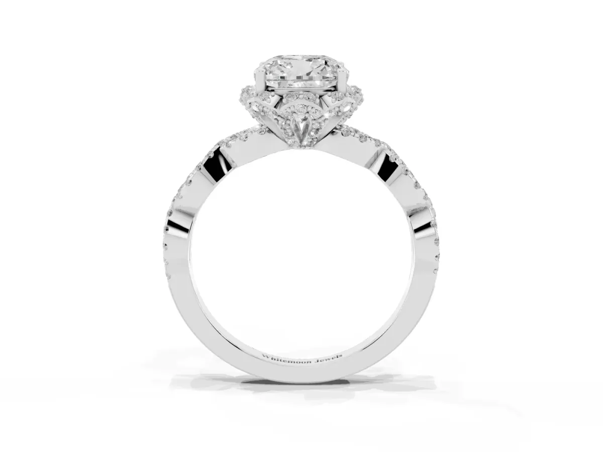 Cushion Cut Halo Twist Band Solitaire Ring with Six-Prong Setting Silver