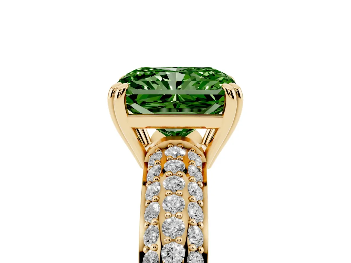 Fancy Green Radiant Cut Diamond Solitaire Ring with Multi-Row Round Pavé Band and Prong Setting Yellow gold