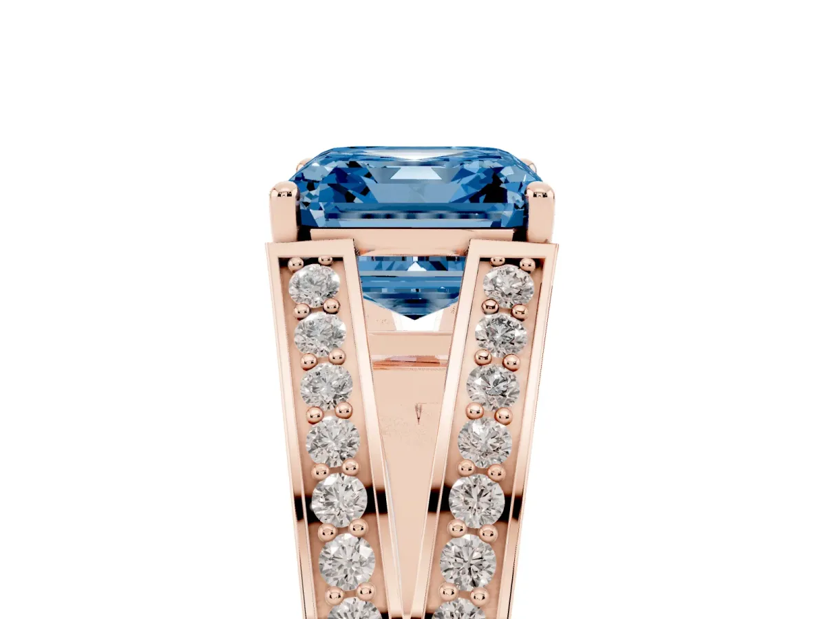 Fancy Blue Asscher Cut Diamond Split Shank Ring with Pavé Band and Four-Prong Setting Rose gold