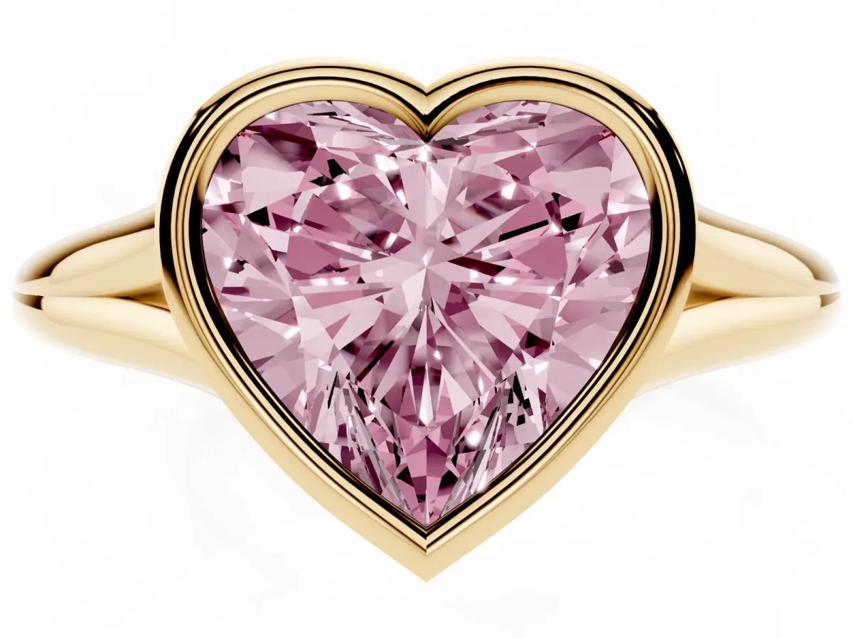 Fancy Pink Bezel Set Heart Cut Cut Solitaire Ring with Tapered Band Yellow gold