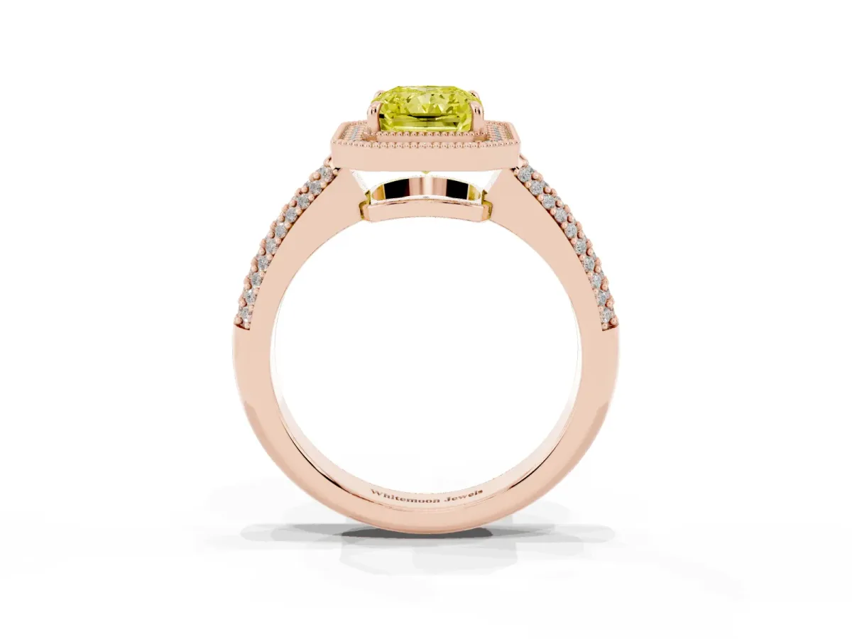 Fancy Yellow Radiant Cut Cut Halo Diamond Pave Band with Four-Prong Setting Rose gold