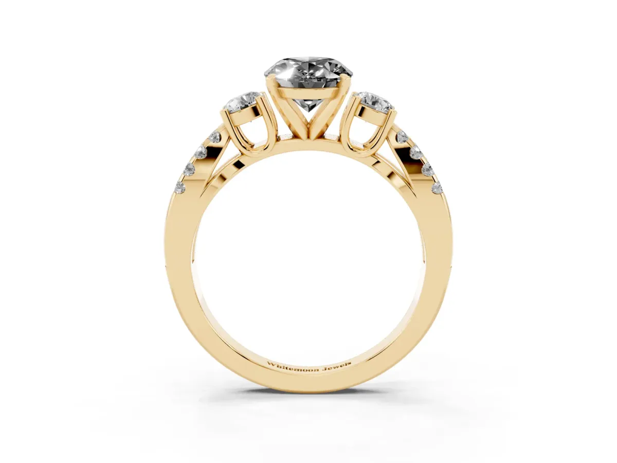 Fancy Black Oval Cut Diamond Three-Stone Ring with Pavé Split Shank and Four-Prong Setting Yellow gold