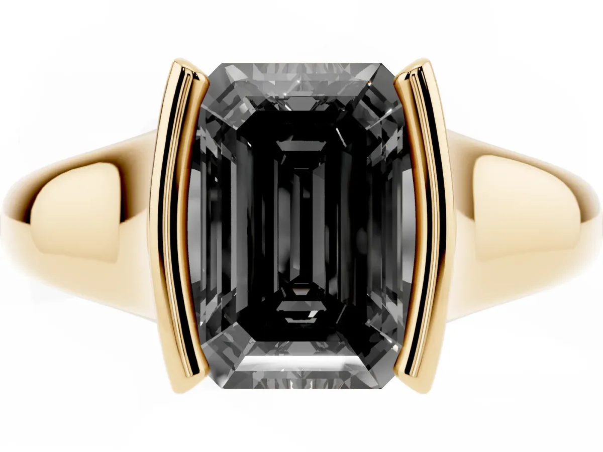Fancy Black Emerald Cut Solitaire Tension Set Diamond Ring with Split Shank Band Yellow gold