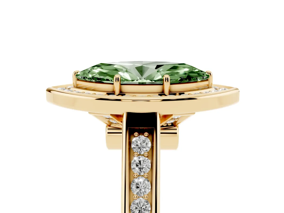 Fancy Green Marquise Cut Halo Solitaire Diamond Ring with Pave Band and Bezel Setting Yellow gold