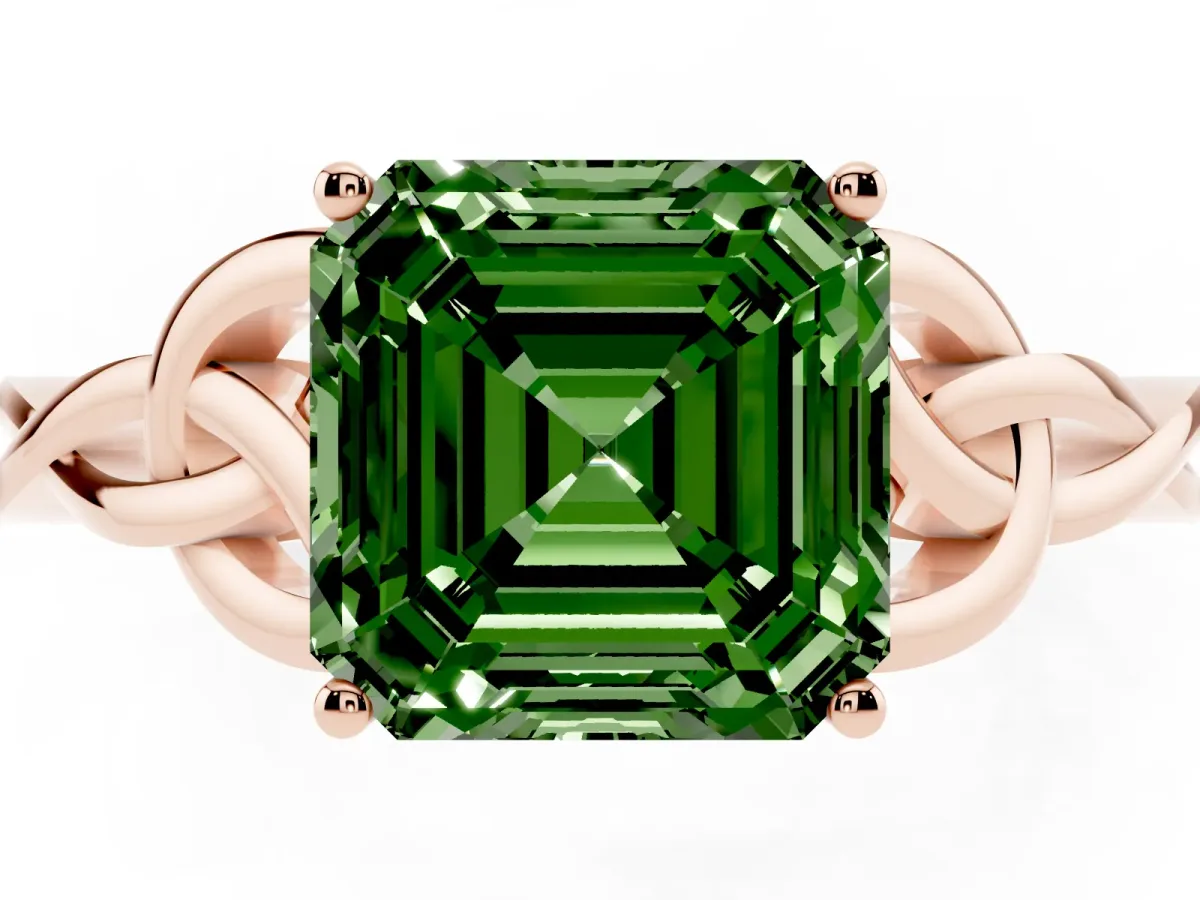 Fancy Green Asscher Cut Diamond Solitaire Engagement Ring with Celtic Knot Band and Four-Prong Setting Rose gold