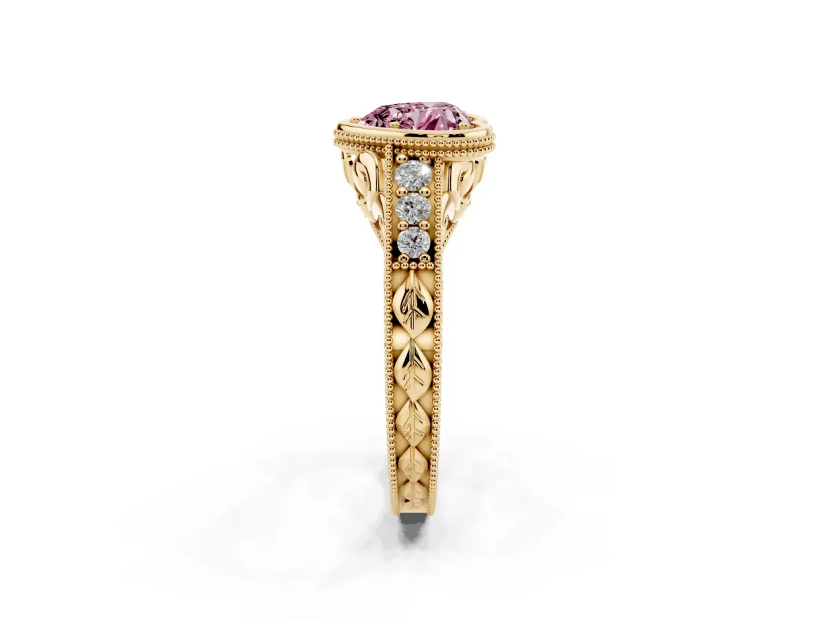Fancy Pink Bezel Set Heart Cut Diamond Milgrain Pave Engagement Ring Yellow gold