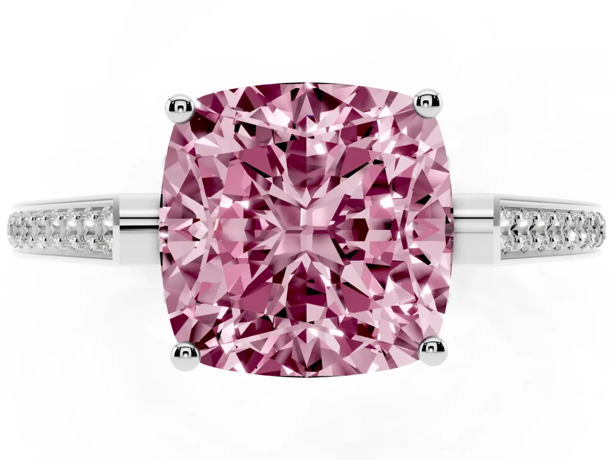 Fancy Pink Cushion Cut Cut Cathedral Pave Diamond Engagement Ring with Six-Prong Setting Silver