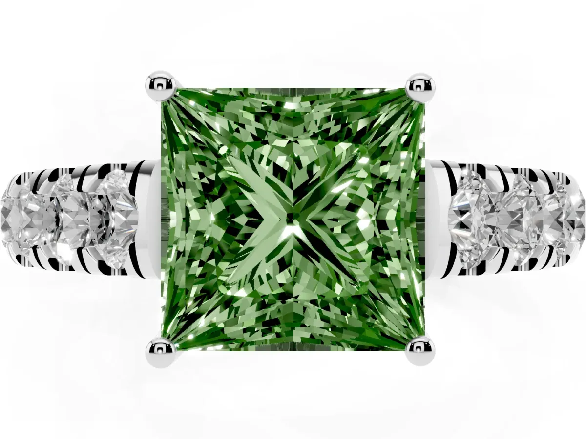 Fancy Green Princess Cut Cut Diamond Solitaire Ring with Micro Pave Band and Prong Setting Silver
