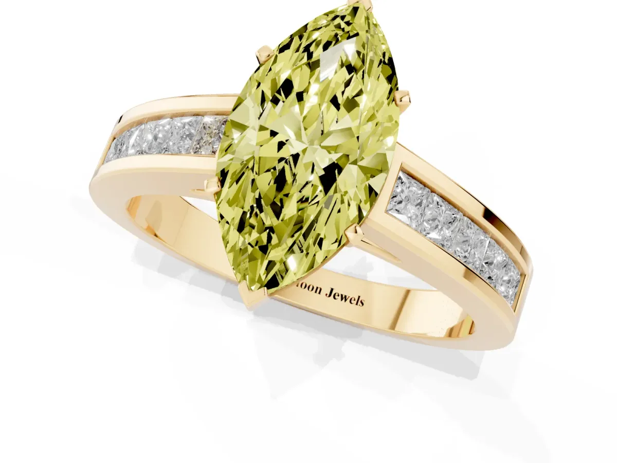 Fancy Yellow Marquise Cut Solitaire Diamond Ring with Channel-Set Band and Four-Prong Setting Yellow gold
