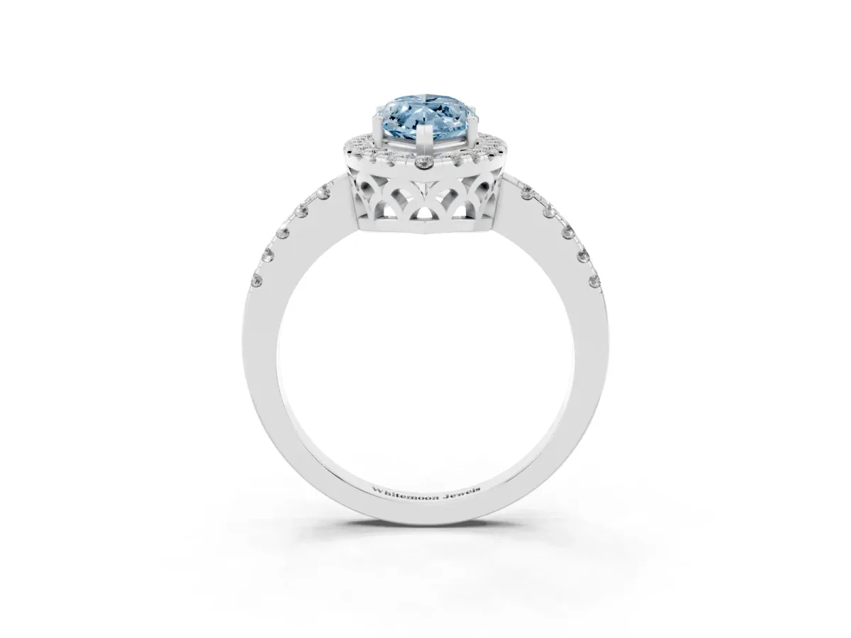 Fancy Blue Marquise Cut Halo Diamond Engagement Ring with Pavé Band and Four-Prong Setting Platinum