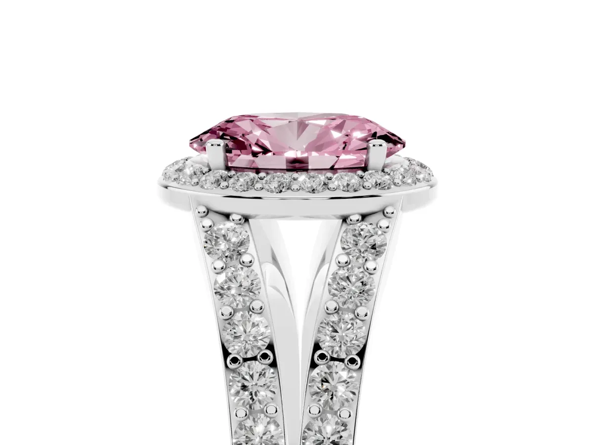 Fancy Pink Oval Cut Diamond Split Shank Halo Ring with Four-Prong Setting Platinum