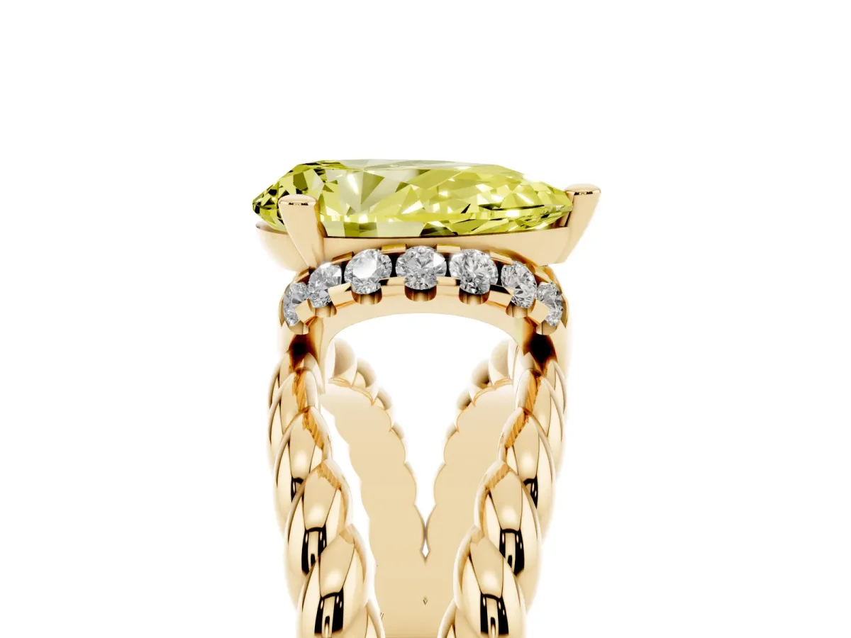 Fancy Yellow Pear Cut Halo Twisted Band Four-Prong Ring Yellow gold