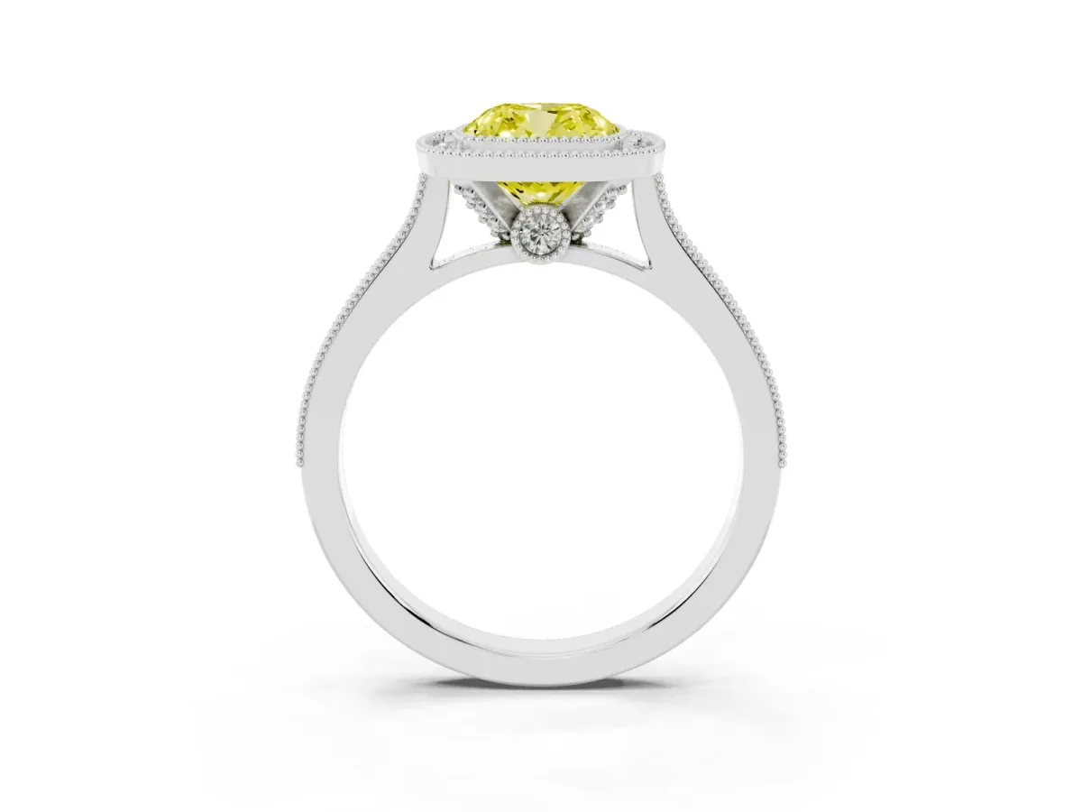 Fancy Yellow Halo Cushion Cut-Cut Diamond Pave Band Milgrain Prong Setting Ring Silver