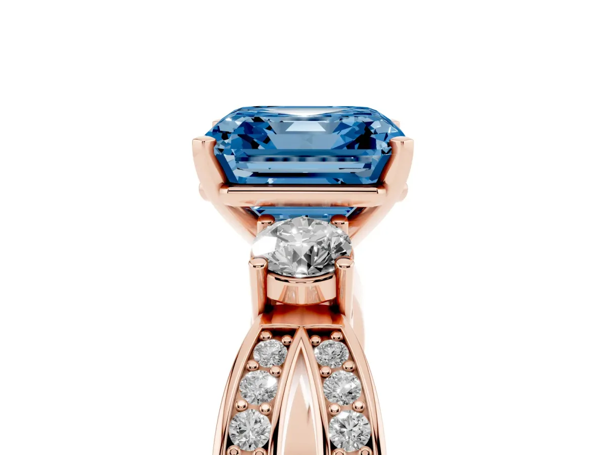 Fancy Blue Three-Stone Asscher Cut Cut Diamond Twist Band with Prong Setting Rose gold