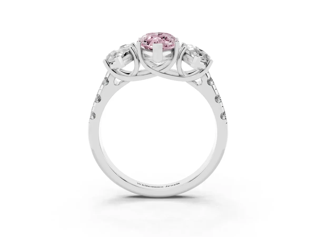 Fancy Pink Three-Stone Marquise Cut Diamond Pavé Band with Prong Setting Platinum