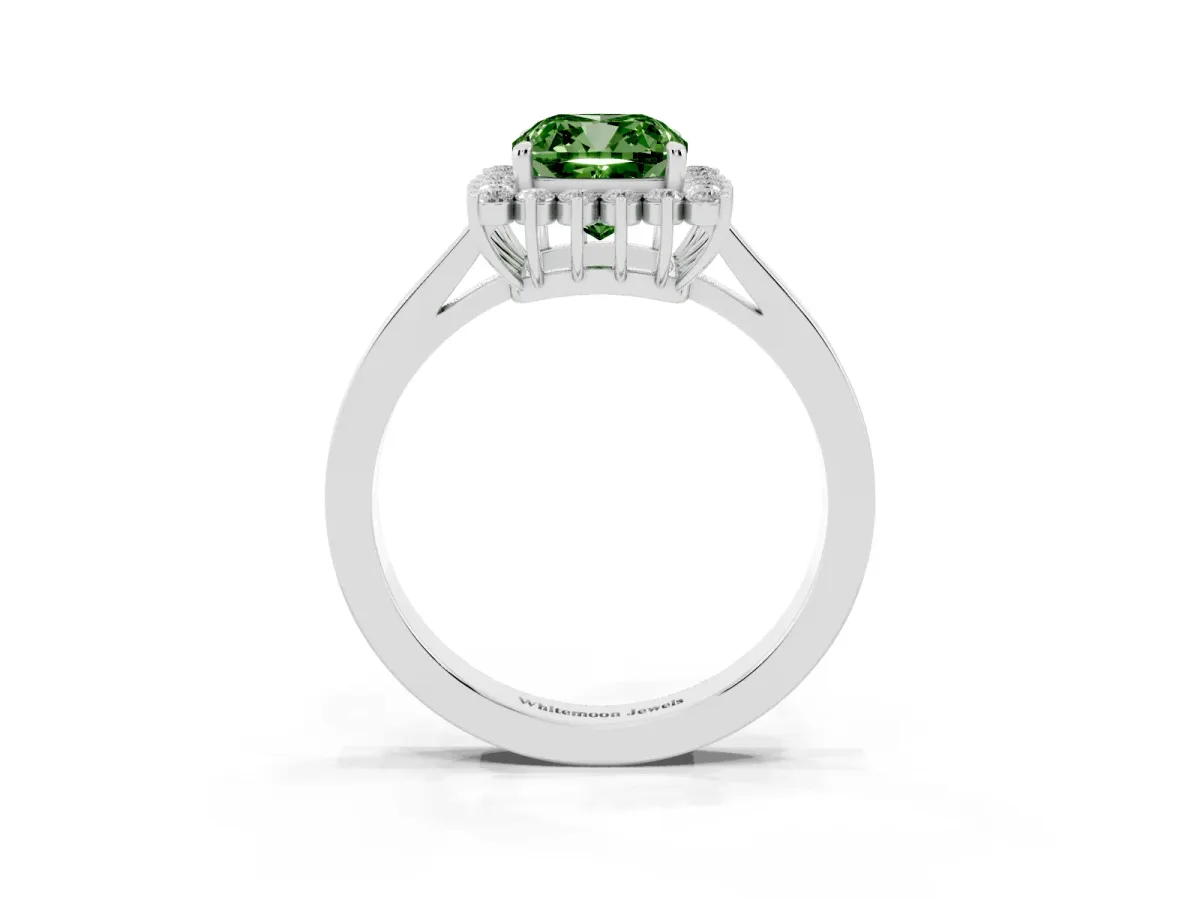 Fancy Green Cushion Cut Cut Diamond Halo Ring with Round Brilliant Halo and Solitaire Band Silver