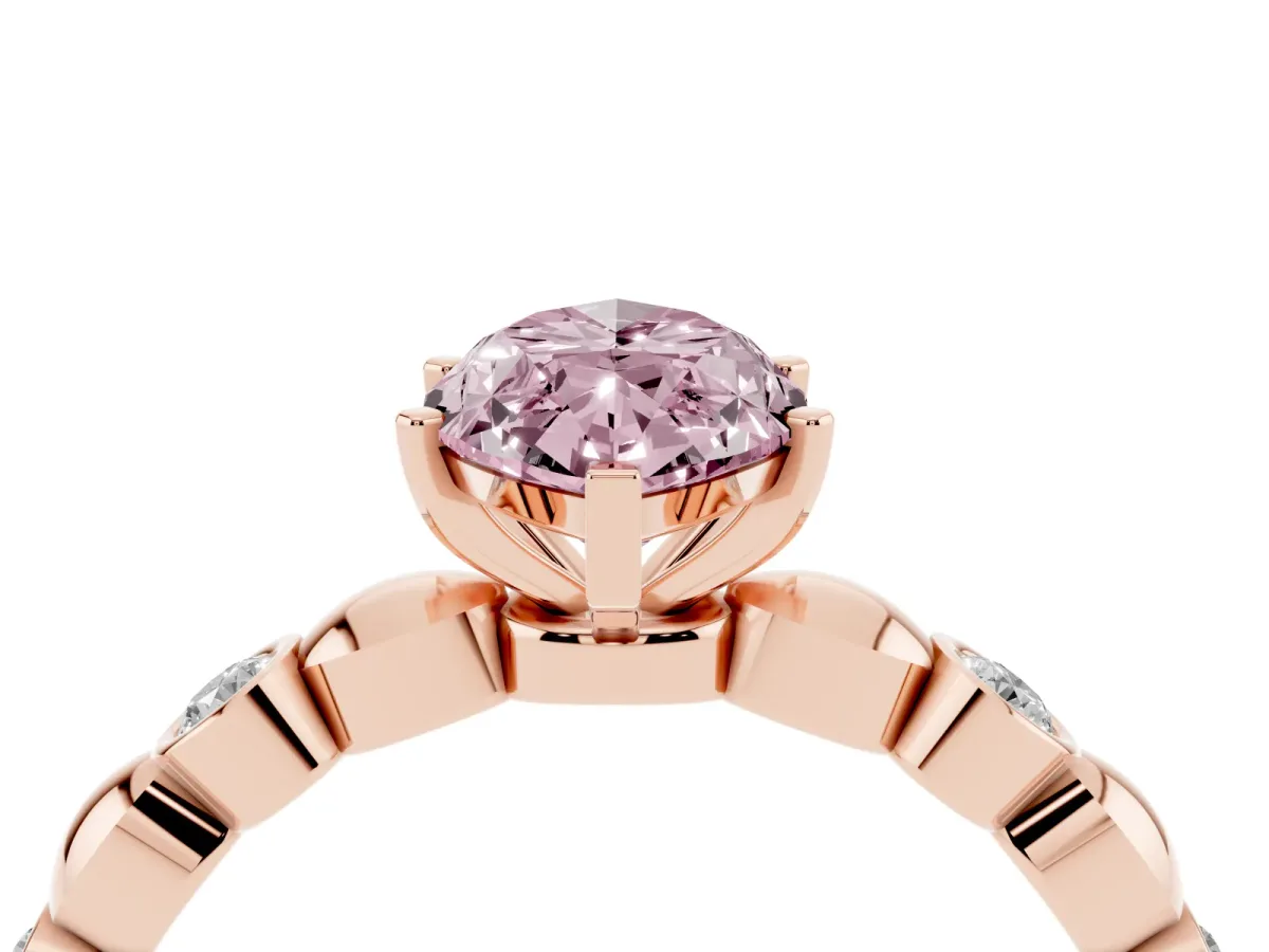 Fancy Pink Marquise Cut Solitaire Bezel-Set Diamond Ring with Beaded Band and Four-Prong Setting Rose gold