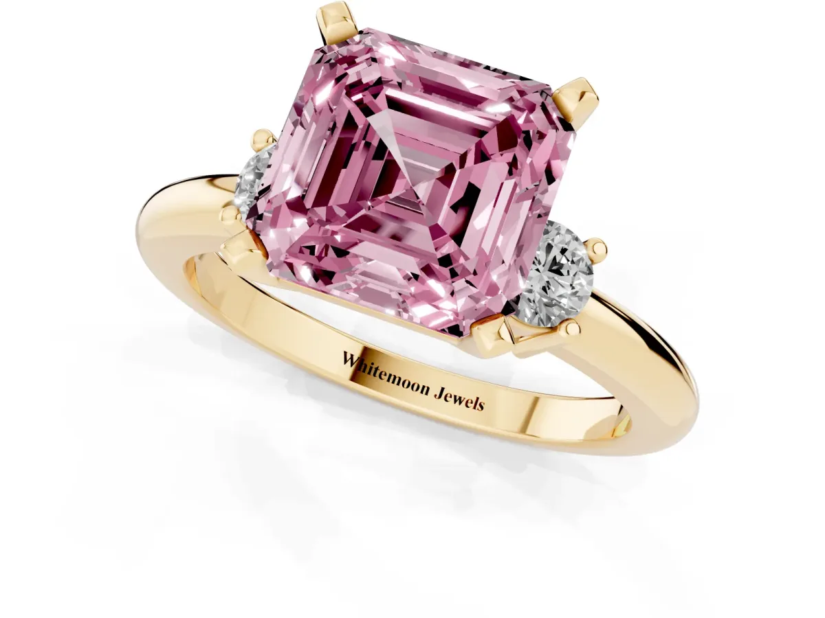 Fancy Pink Three-Stone Asscher Cut Cut Diamond Solitaire with Prong Setting and Classic Band Yellow gold