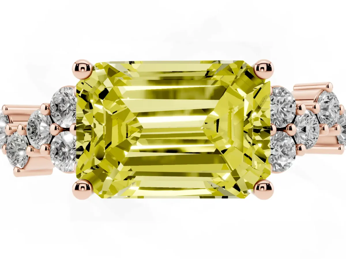 Fancy Yellow Emerald Cut Diamond Scattered Round Accent Ring with Prong Setting Rose gold