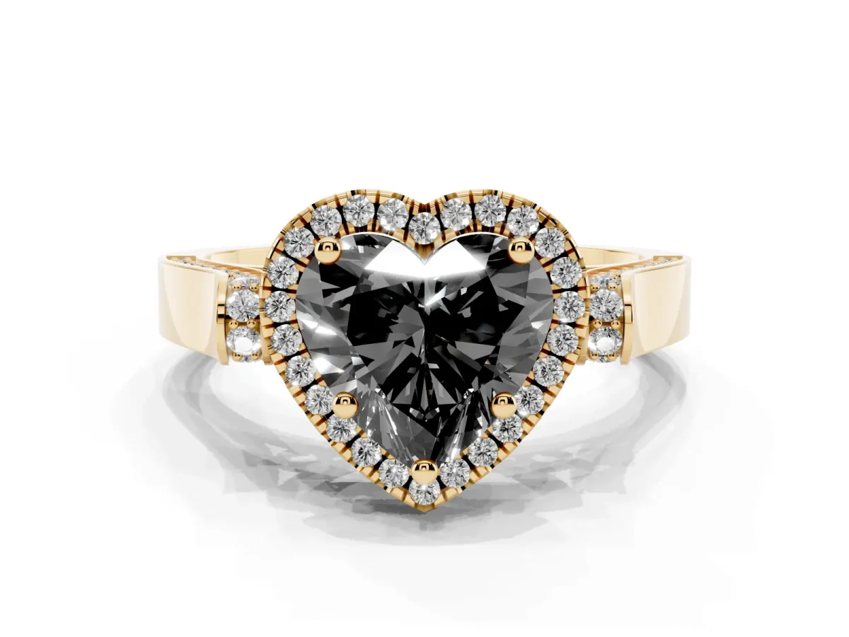 Fancy Black Heart Cut Halo Round Diamond Twist Band with Four-Prong Setting Yellow gold