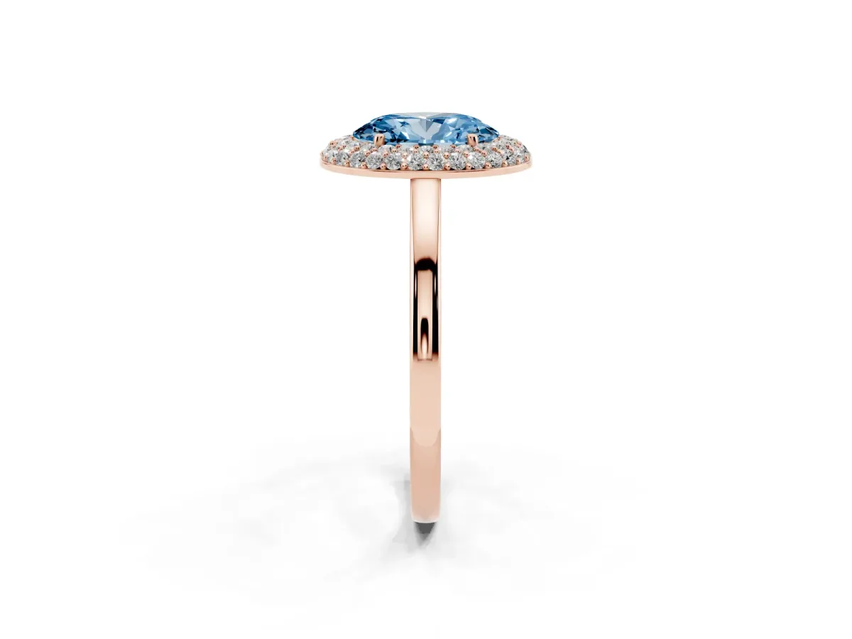 Fancy Blue Oval Cut Halo Diamond Engagement Ring with Solitaire Band and Four-Prong Setting Rose gold