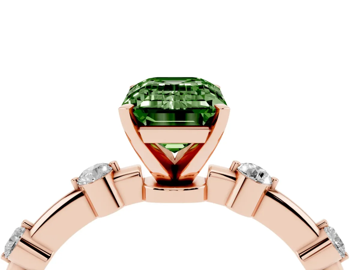 Fancy Green Emerald Cut Solitaire Diamond Ring with Bezel Set Side Stones and Prong Setting Rose gold