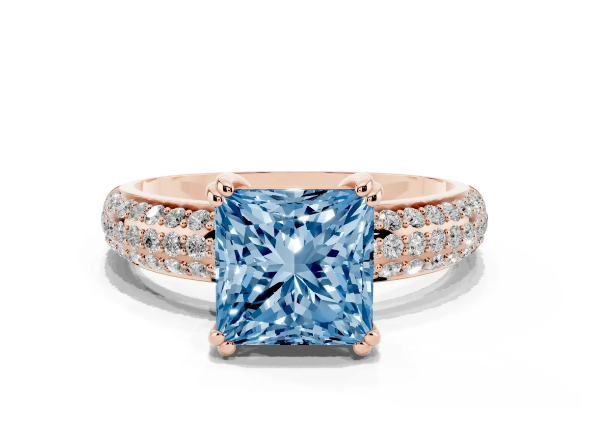 Fancy Blue Princess Cut Diamond Solitaire Ring with Multi-Row Round Pavé Band and Prong Setting Rose gold