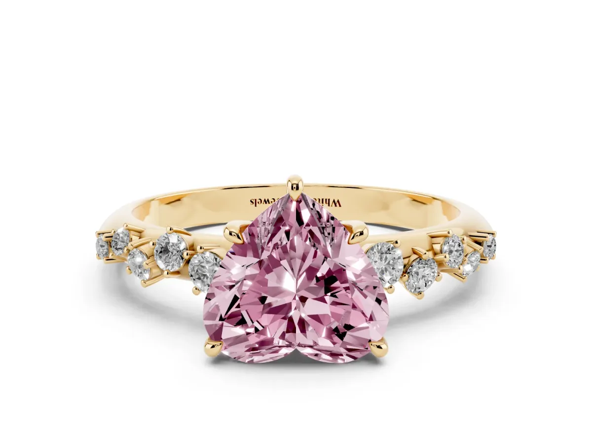 Fancy Pink Heart Cut Diamond Cluster Side Stone Solitaire Ring with Prong Setting Yellow gold