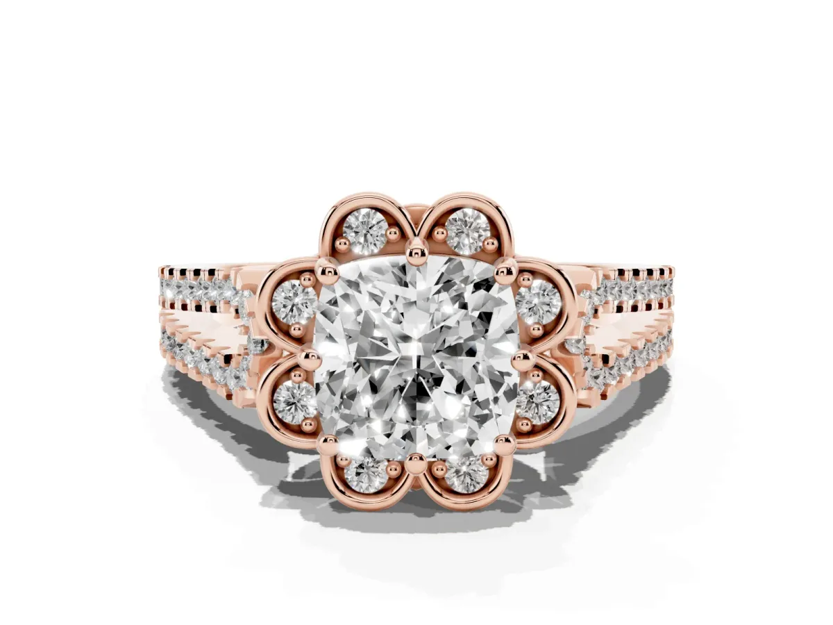 Cushion Cut Halo Diamond Floral Split Shank Engagement Ring Rose gold