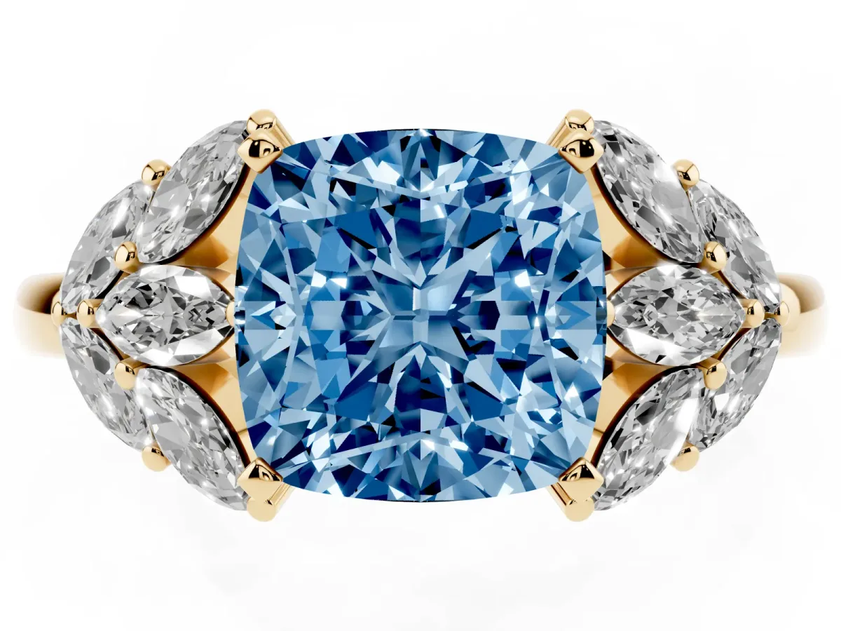 Fancy Blue Cushion Cut Diamond Cluster Leaf Design Ring with Prong Setting Yellow gold