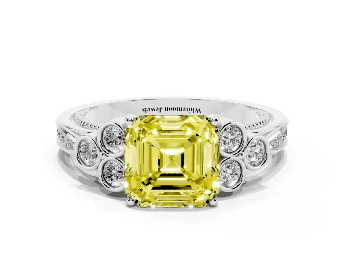 Fancy Yellow Asscher Cut Cut Diamond Engagement Ring with Bezel Set Round Side Stones and Prong Setting Silver
