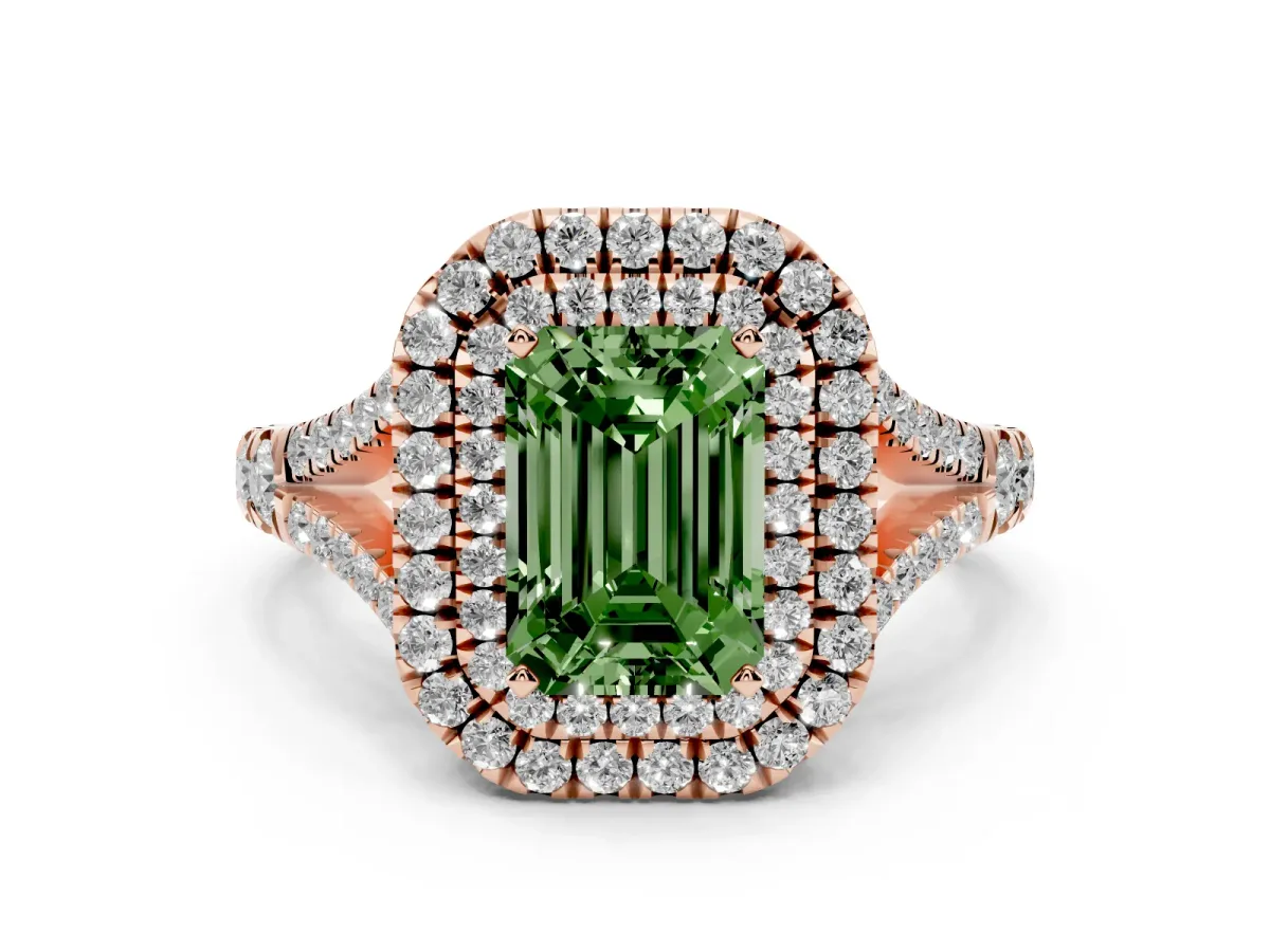 Fancy Green Emerald Cut Diamond Pavé Split Shank Double Halo Engagement Ring Rose gold