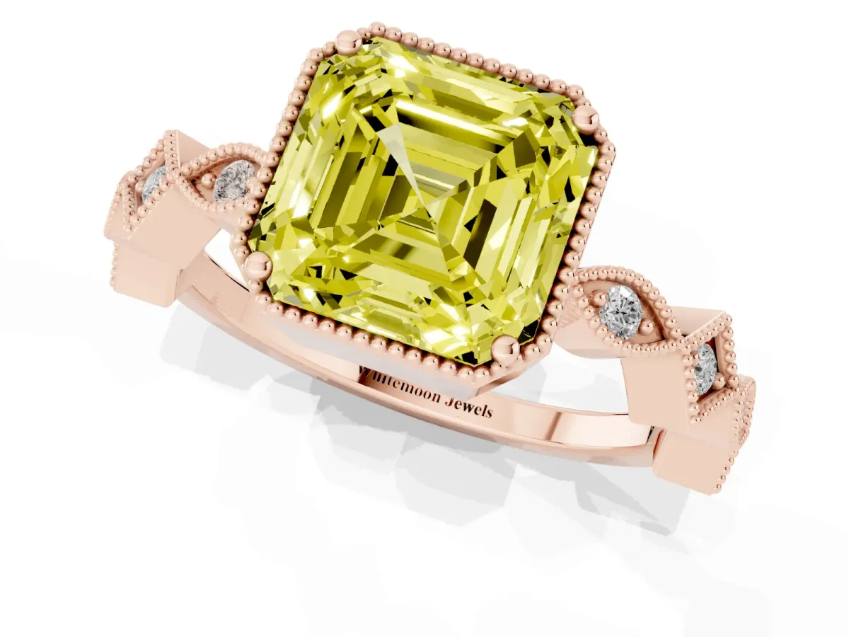 Fancy Yellow Asscher Cut Milgrain Marquise Diamond Twist Band Ring Rose gold