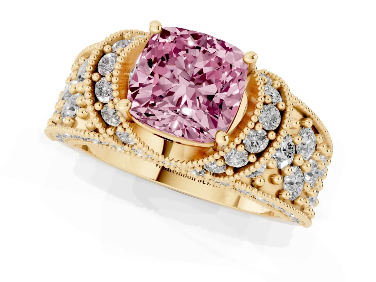 Fancy Pink Cushion Cut Halo Pave Diamond Engagement Ring with Milgrain Detailing Yellow gold