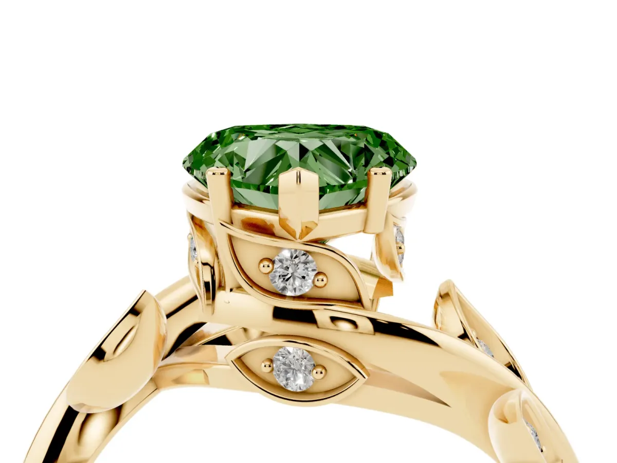 Fancy Green Heart Cut Solitaire Twist Engagement Ring with Leaf Accents and Prong Setting Yellow gold